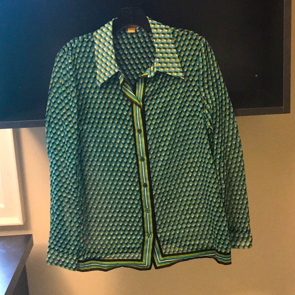 Michael Kors Blue and Green Geometric Patterned Button Down - Picture 2 of 4